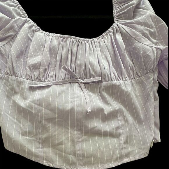 Freshman 1996 Women's M Purple Striped Long Sleeve Blouse Tie-Front Casual - Picture 5 of 8